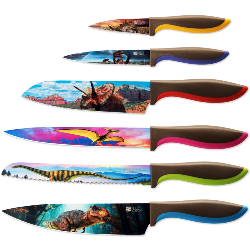 The Chef's Vision Jurassic Six-Piece Knife Set features stainless steel blades with colorful dinosaur scenes and ergonomic multicolored handles. These dishwasher-safe kitchen knives combine prehistoric style with modern convenience.