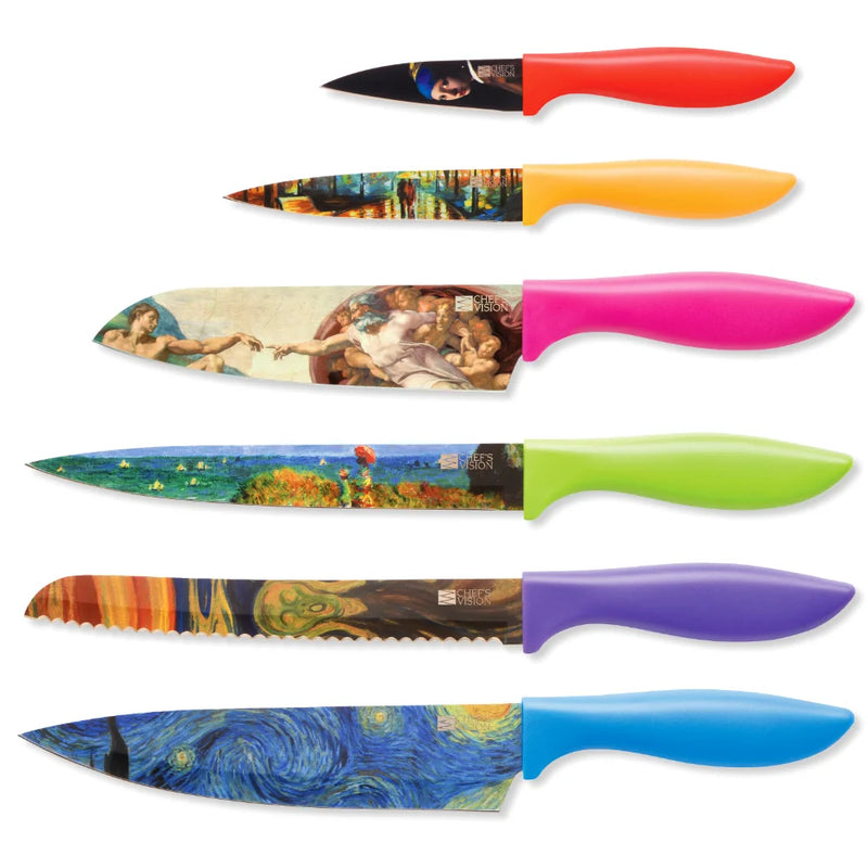 The Chef's Vision Masterpiece Six-Piece Knife Set features stainless steel blades with famous artworks, vibrant handles, and is dishwasher safe for easy cleaning.