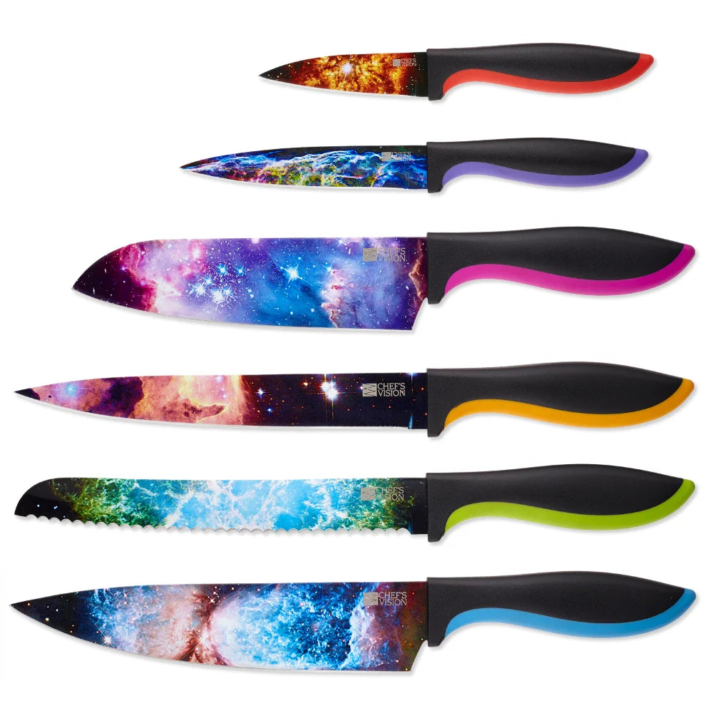 The Chef's Vision Cosmos Six-Piece Knife Set features stainless steel knives with ergonomic handles and unique galaxy-inspired black blades, blending vibrant style with comfort for all your kitchen tasks.