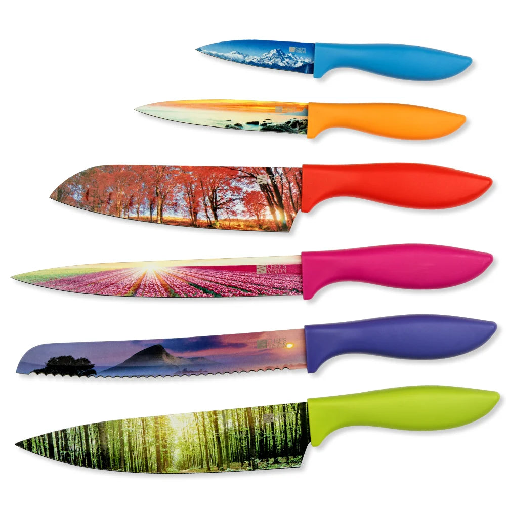 The Chef's Vision Landscape Six-Piece Knife Set includes six stainless steel kitchen knives with vibrant, nature-inspired designs and colorful handles. Each knife features a non-stick coating for effortless slicing.