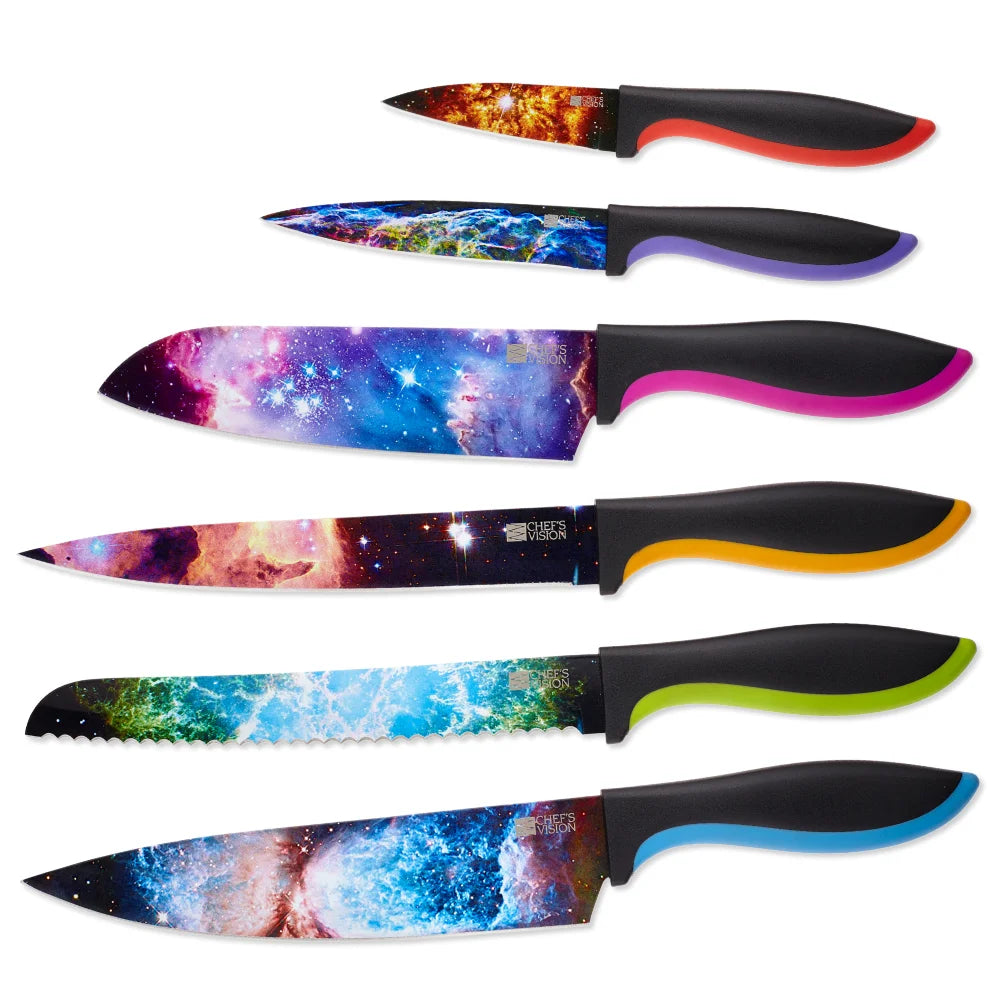 The Chef's Vision Cosmos Six-Piece Knife Set features dishwasher safe, durable stainless steel knives with black handles and vibrant galaxy-themed blades, arranged in a striking collection.