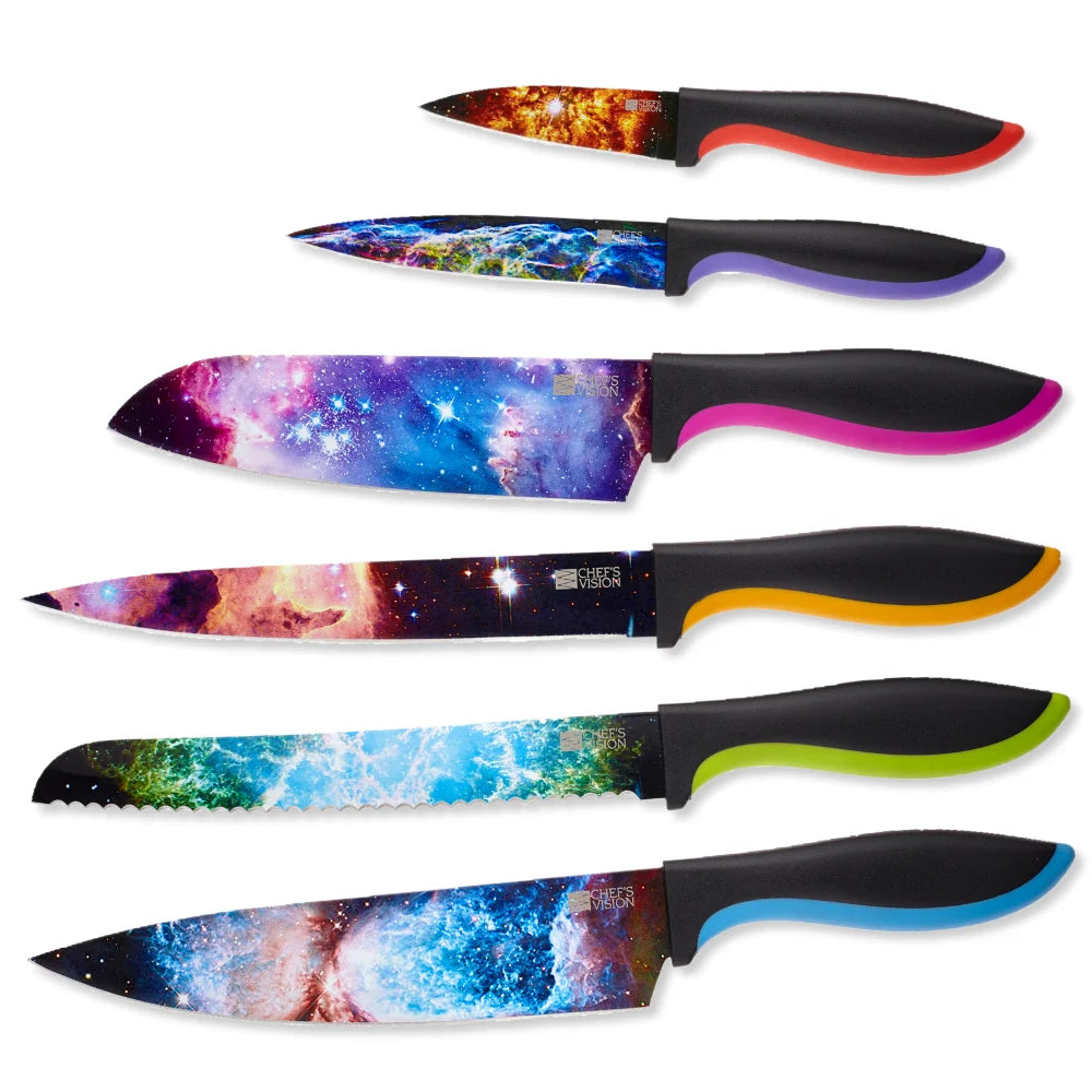 The Chef's Vision Cosmos Six-Piece Knife Set features stainless steel knives with black handles and vibrant space-themed blades, arranged from smallest to largest—bringing cosmic flair to your kitchen.
