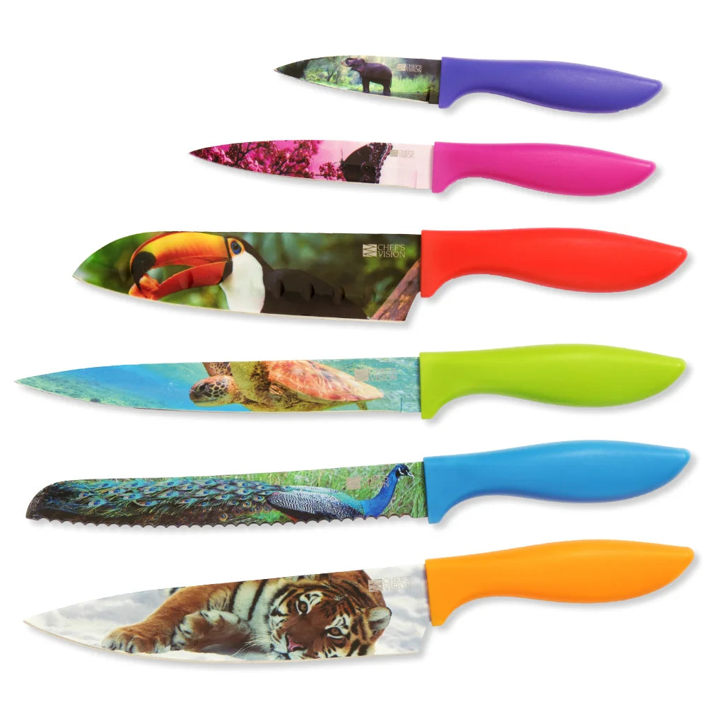 The Chef's Vision Wildlife Six-Piece Knife Set features kitchen knives with ergonomic handles and vivid animal images—elephant, flamingo, toucan, sea turtle, peacock, and tiger—bringing colorful charm to your kitchen.