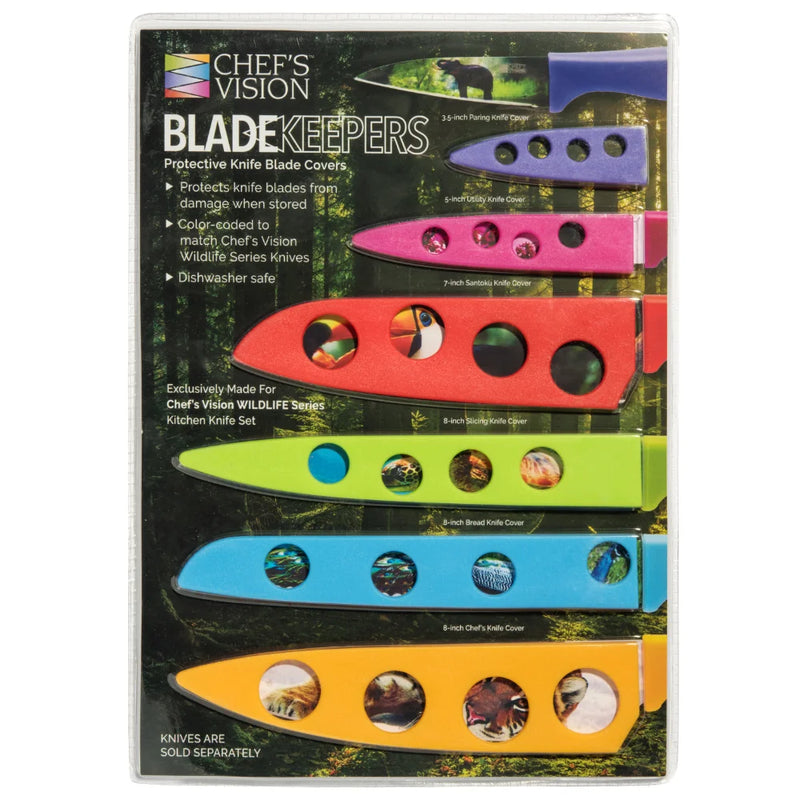 Chef’s Vision BladeKeepers Blade Covers for Wildlife Series Knife Set come in a package of five colorful blade covers, each featuring vivid wildlife imagery and large holes; the text emphasizes protective features for your wildlife knives and mentions that knives are sold separately.