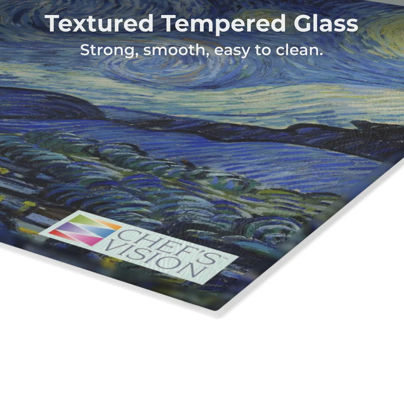 The SliceBright Masterpiece Glass Cutting Board by Chef's Vision features Starry Night-inspired artwork on textured tempered glass, combining elegance and durability for your kitchen, with the Chef's Vision logo in the corner.