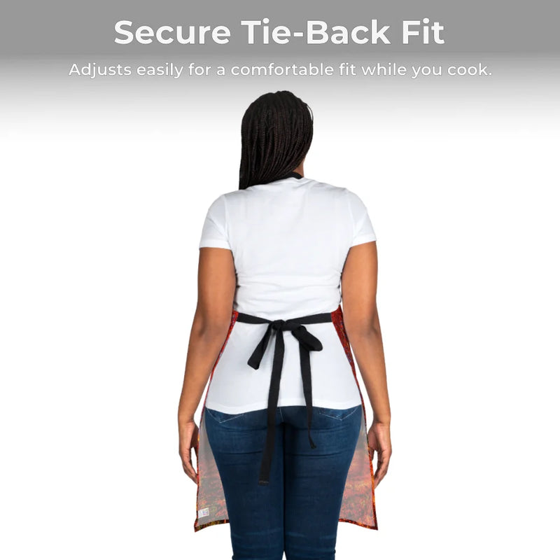 A person in a white shirt and jeans, seen from behind, models the Chef's Vision Landscape Apron in black, made of durable polyester canvas. The apron features a tie-back design and text highlighting its adjustable fit.