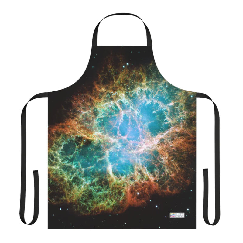 The Chef's Vision Cosmos Apron displays a vivid Crab Nebula image with bright blue and orange cosmic clouds on black, crafted from durable polyester canvas to bring space-inspired art to your kitchen.