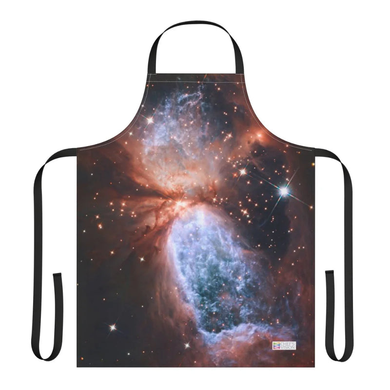 The Chef's Vision Cosmos Apron showcases a vivid nebula with swirling clouds and bright stars on black polyester canvas, adding space-inspired style and durability to your kitchen.