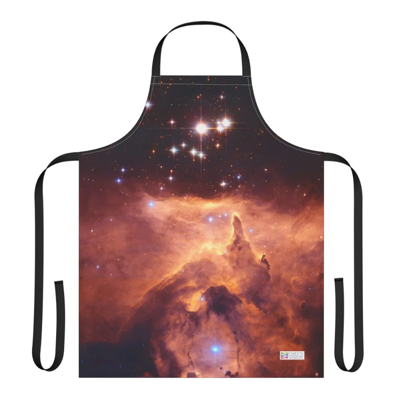 The Chef's Vision Cosmos Apron showcases vivid, space-inspired nebula art with bright stars and clouds, crafted from durable polyester canvas for lasting wear.