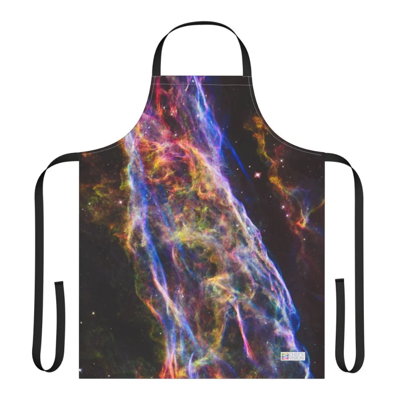 The Chef's Vision Cosmos Apron showcases vibrant nebulae and cosmic dust on a black backdrop, crafted from durable polyester canvas. Ideal for fans seeking a stylish and long-lasting cosmos-themed apron.