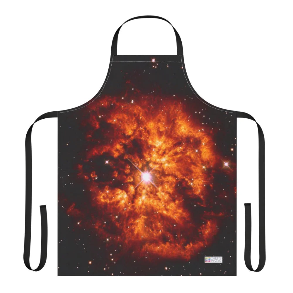The Chef's Vision Cosmos Apron showcases a striking red and orange nebula with bright stars on a black background, crafted from durable polyester canvas.