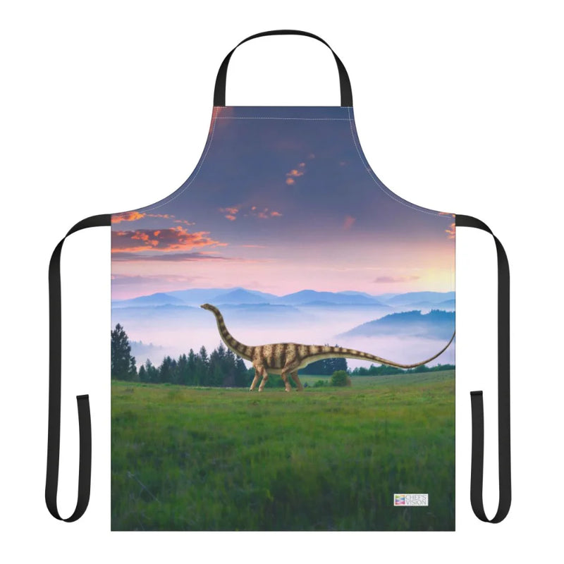 The Chef's Vision Jurassic Apron features a long-necked dinosaur in a grassy field with mountains and a colorful sky—an ideal gift for any dinosaur lover.