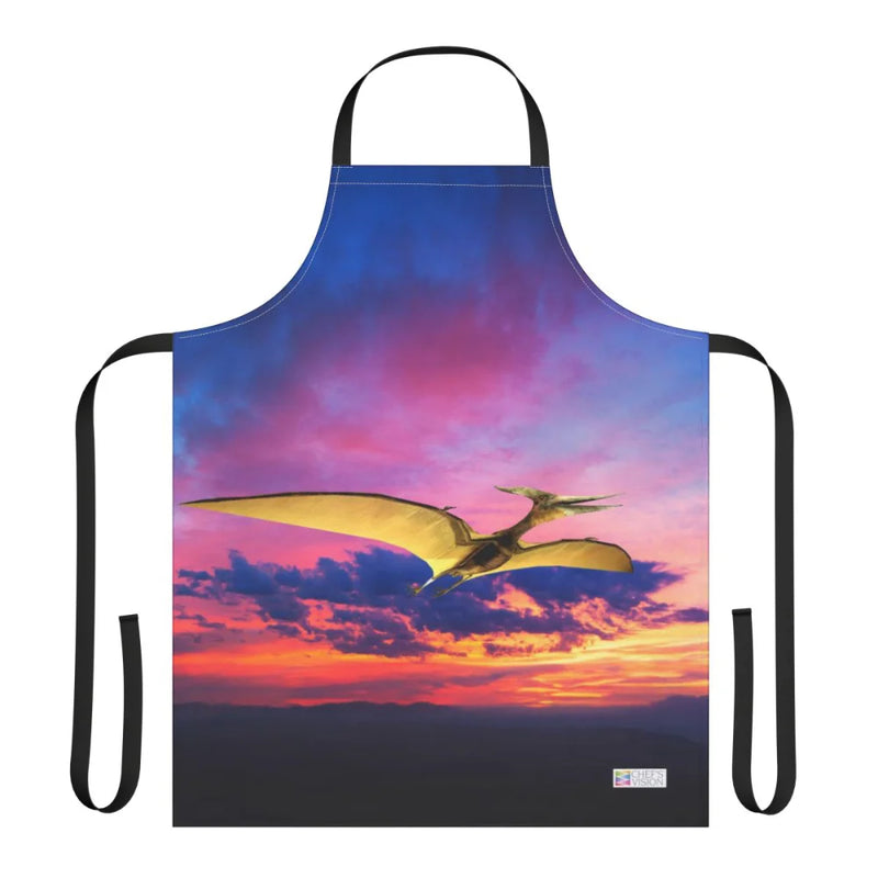 Add prehistoric flair to your kitchen with the Chef's Vision Jurassic Apron, showcasing a soaring pterosaur against a vivid sunset—an eye-catching, unique gift for any dino lover.