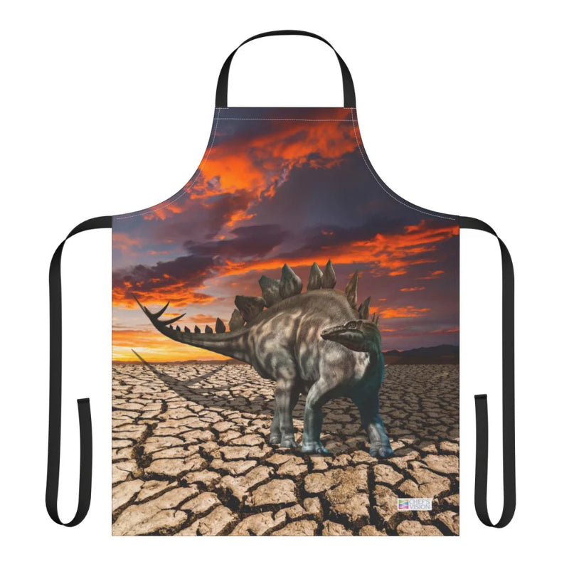 The Chef's Vision Jurassic Apron showcases a stegosaurus on cracked ground beneath a vivid sunset—an ideal gift for any dinosaur lover.