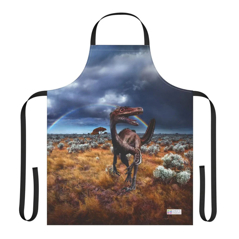 Chef's Vision Jurassic Apron showcases a dinosaur in a grassy landscape beneath a cloudy sky and rainbow—a unique gift for any dino lover.