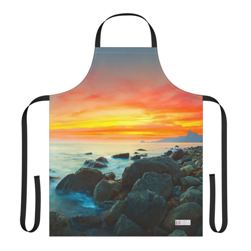 The Chef's Vision Landscape Apron showcases snow-covered mountains mirrored in a blue lake on durable polyester canvas—ideal for fans of nature-inspired artwork and scenic aprons.