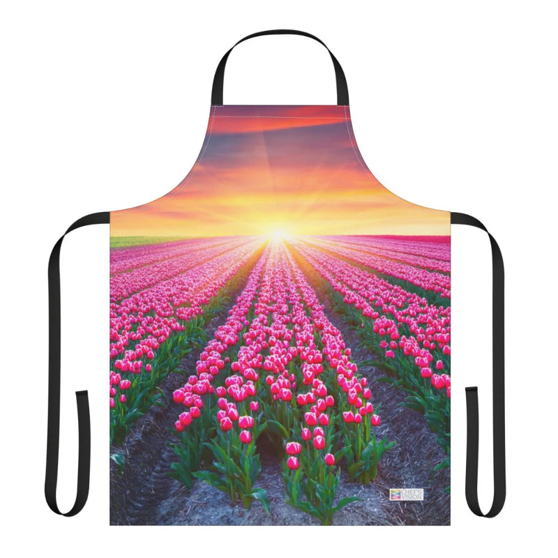 The Chef's Vision Landscape Apron features nature-inspired pink tulips in neat sunset rows, printed on durable polyester canvas for lasting beauty.