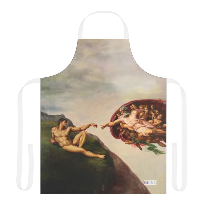 The Chef's Vision Masterpiece Apron showcases Michelangelo's "The Creation of Adam," with iconic figures reaching out—ideal for art lovers who want a durable kitchen apron featuring famous artwork.