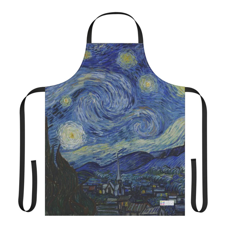 The Chef's Vision Masterpiece Apron showcases Van Gogh’s "The Starry Night" print and sturdy black straps—a striking choice for art lovers seeking a durable, artistic kitchen apron.