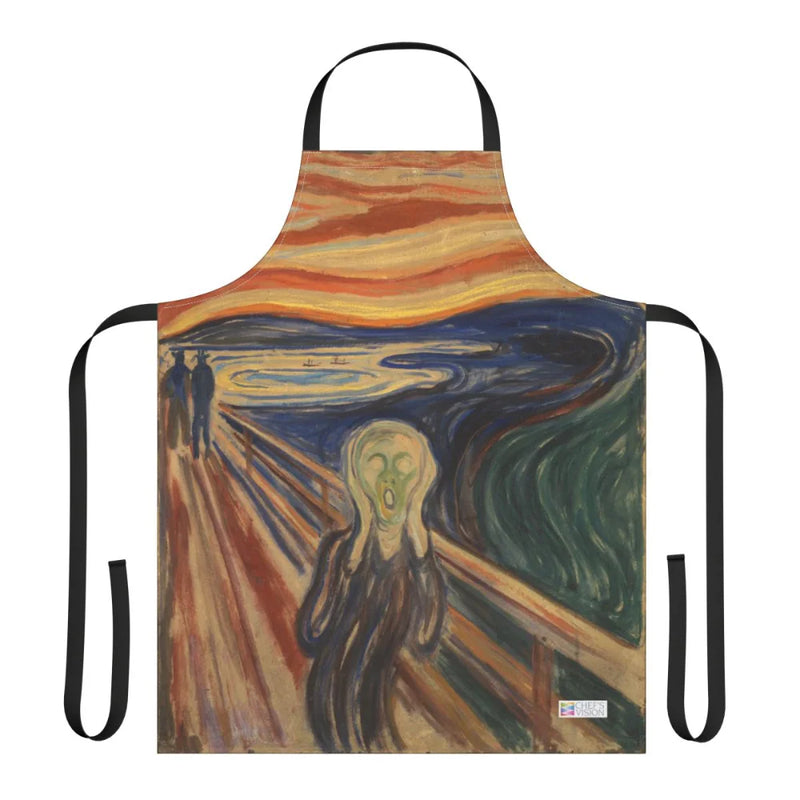 The Chef's Vision Masterpiece Apron showcases Edvard Munch’s "The Scream," making it a durable and stylish choice for art lovers seeking a unique kitchen apron.