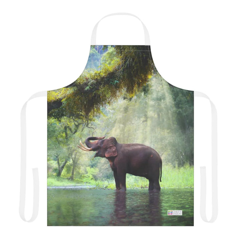 The Chef's Vision Wildlife Apron showcases animal-inspired elephant artwork in a lush river scene, crafted from durable polyester canvas—ideal for wildlife apron enthusiasts seeking long-lasting kitchen style.