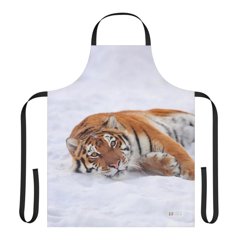 Chef's Vision Wildlife Apron features animal-inspired artwork of a tiger lying on snow, made from durable polyester canvas with black neck and waist straps.