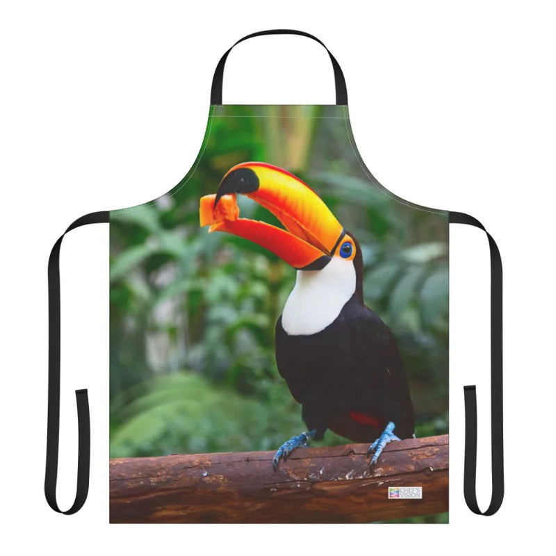 Chef's Vision Wildlife Apron features a toucan with fruit on a branch against a green background. Made from durable polyester canvas, it's perfect for wildlife apron enthusiasts.