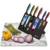 A set of Chef's Vision BEHOLD Magnetic Kitchen Knife Block knives on a marble cutting board.