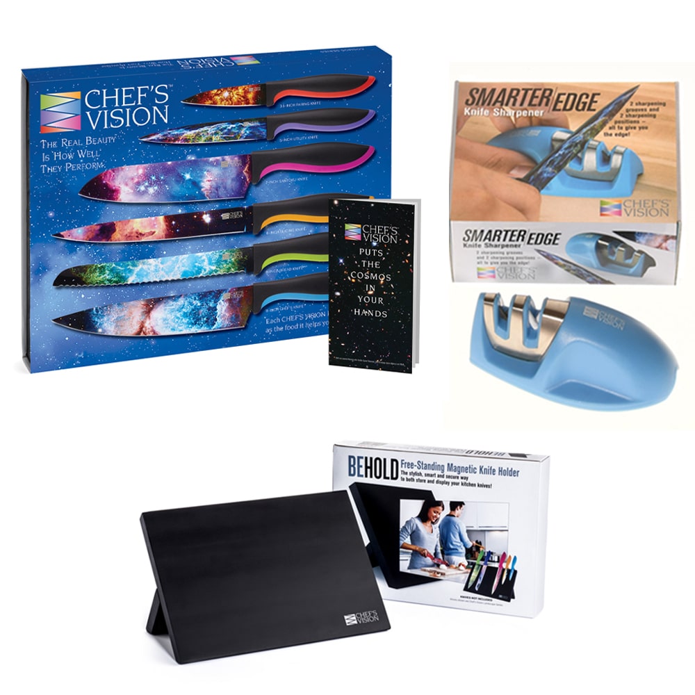 A box with a laptop, a tablet, and a Chef's Vision Knife Set + Magnetic Knife Stand + Sharpener Bundle.