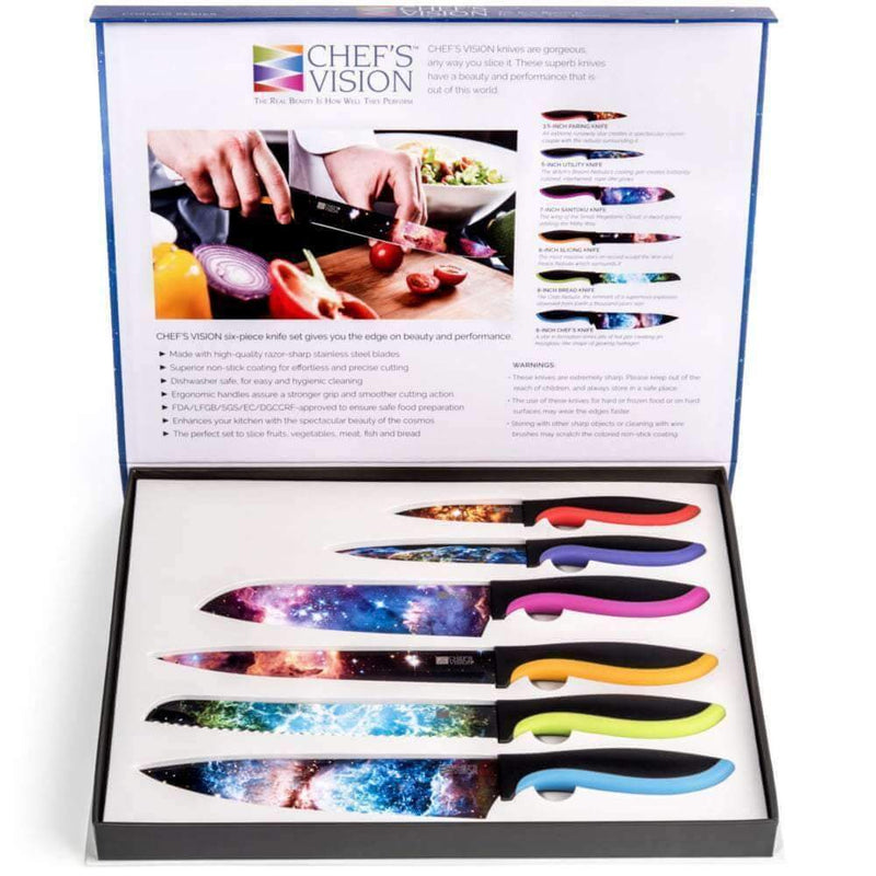 The Chef's Vision Cosmos Six-Piece Knife Set features stainless steel knives with galaxy-themed, non-stick blades and matching handles, presented in an open box with an informational insert inside the lid.