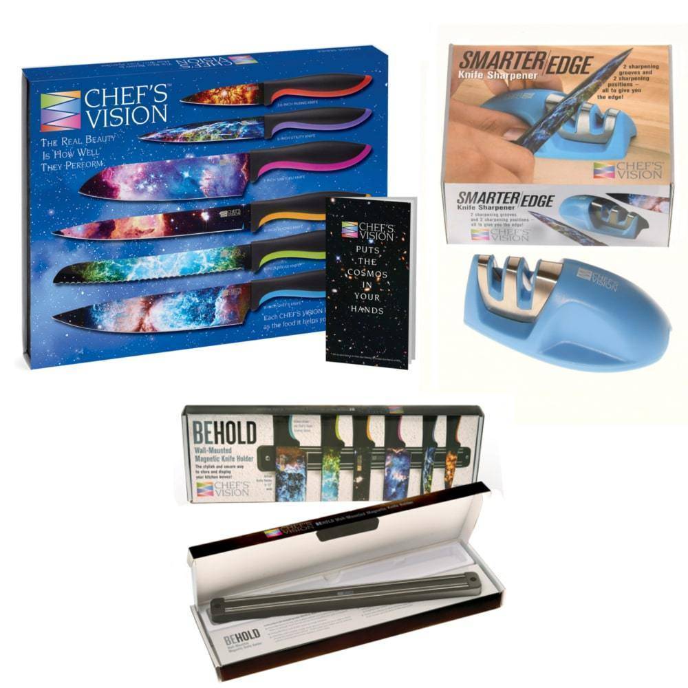 A box of various items including a Chef's Vision Knife Set + Wall-Mounted Knife Holder + Sharpener Bundle and a pen.