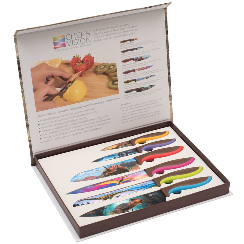 A Chef's Vision Jurassic Series Six-Piece Knife Set with different designs on them.
