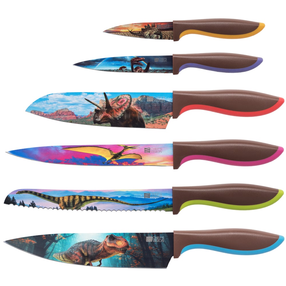 A Chef's Vision Jurassic Series Six-Piece Knife Set with different designs on them.