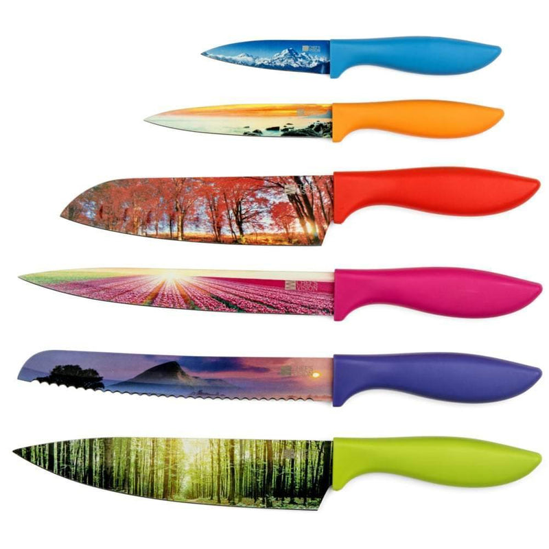 The Chef's Vision Landscape Six-Piece Knife Set features stainless steel blades and ergonomic, colorful handles, each adorned with a scenic landscape, arranged vertically against a white background for style and function.