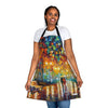 An artistic woman wearing a Chef's Vision Masterpiece Apron depicting a boat at night.