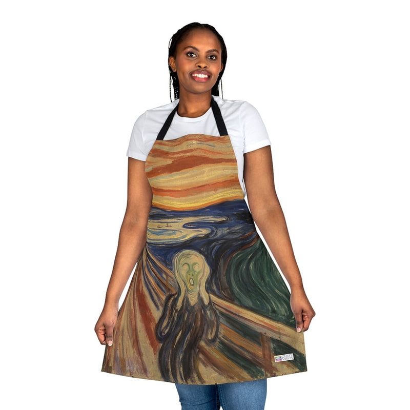 A woman donning a Chef's Vision Masterpiece Apron adorned with a masterpiece of the scream.