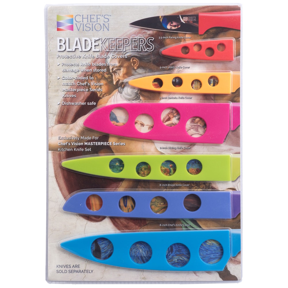 Chef's Vision BladeKeepers Blade Covers for Masterpiece Series Knife Set with different colored blades.