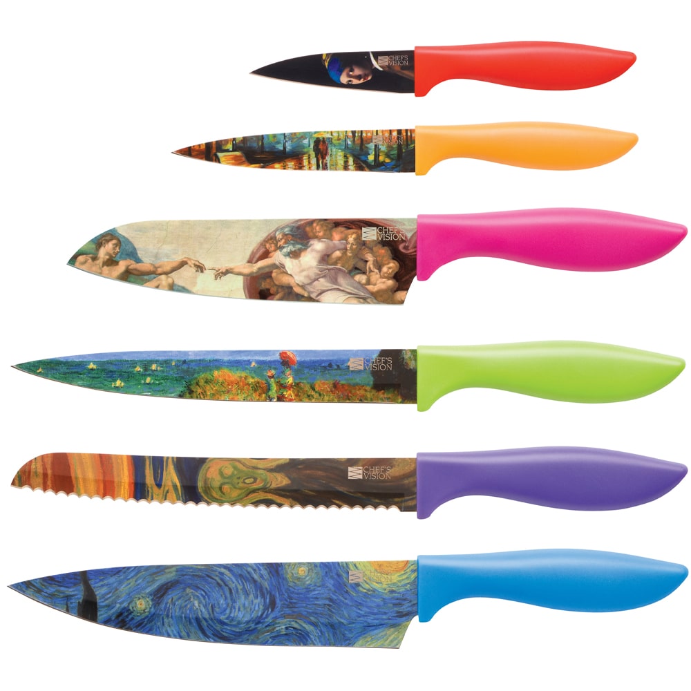 A set of Masterpiece Six-Piece Knife Set by Chef's Vision with a painting on them.