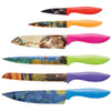 A Chef's Vision Knife Set, a set of colorful stainless steel knives with a painting on them.