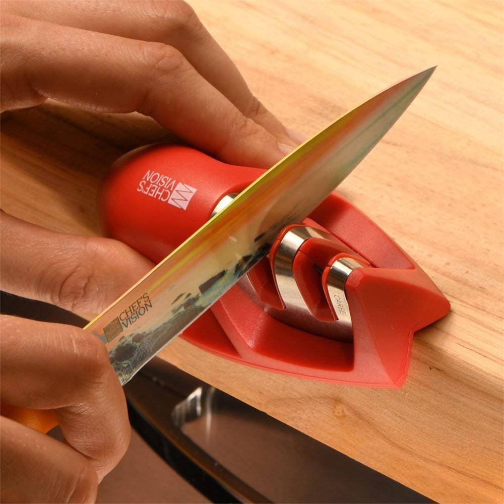 Chef Master 90015 Knife Sharpener, Carbide Tipped Knife Sharpener, Reversible Blades, Handheld Knife Sharpener, Safe & Ergonomic Handle