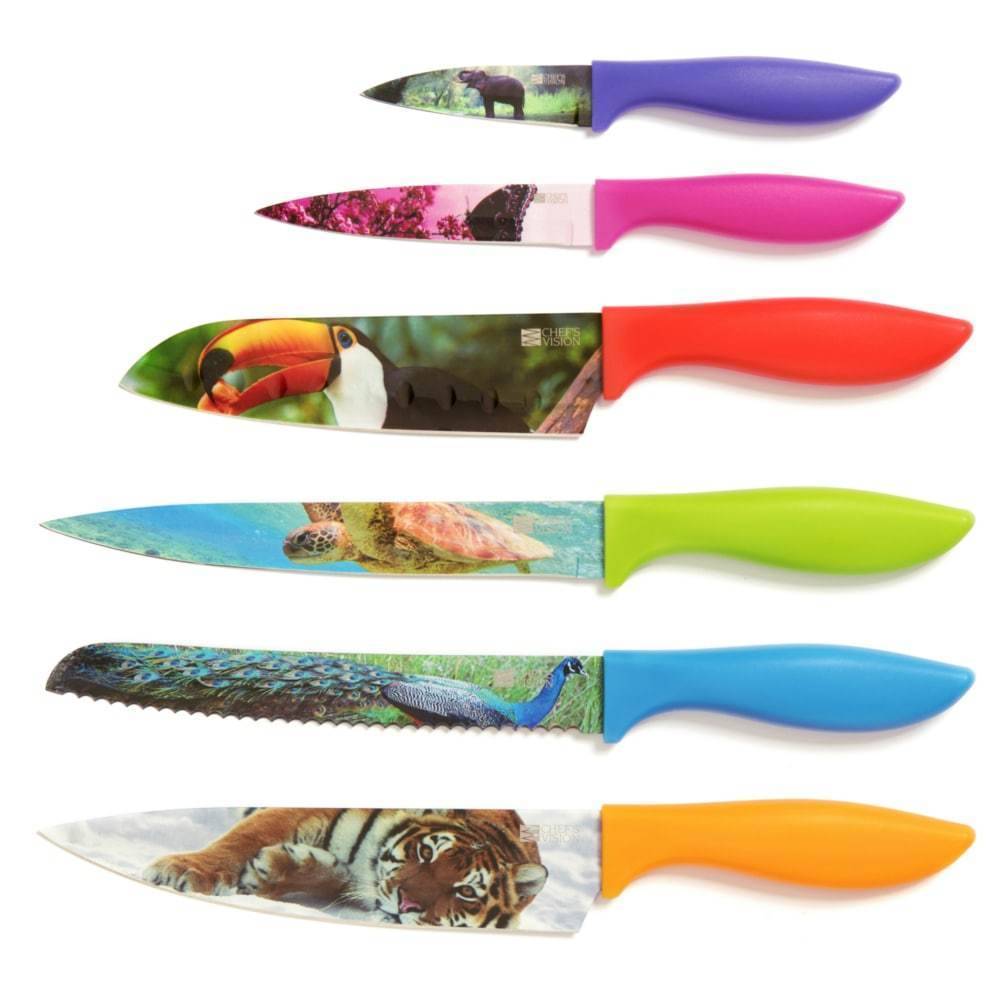 The Chef’s Vision Wildlife Six-Piece Knife Set features stainless steel blades with non-stick coating, colorful ergonomic handles, and vivid images of an elephant, flamingos, toucan, sea turtle, peacock, and tiger.